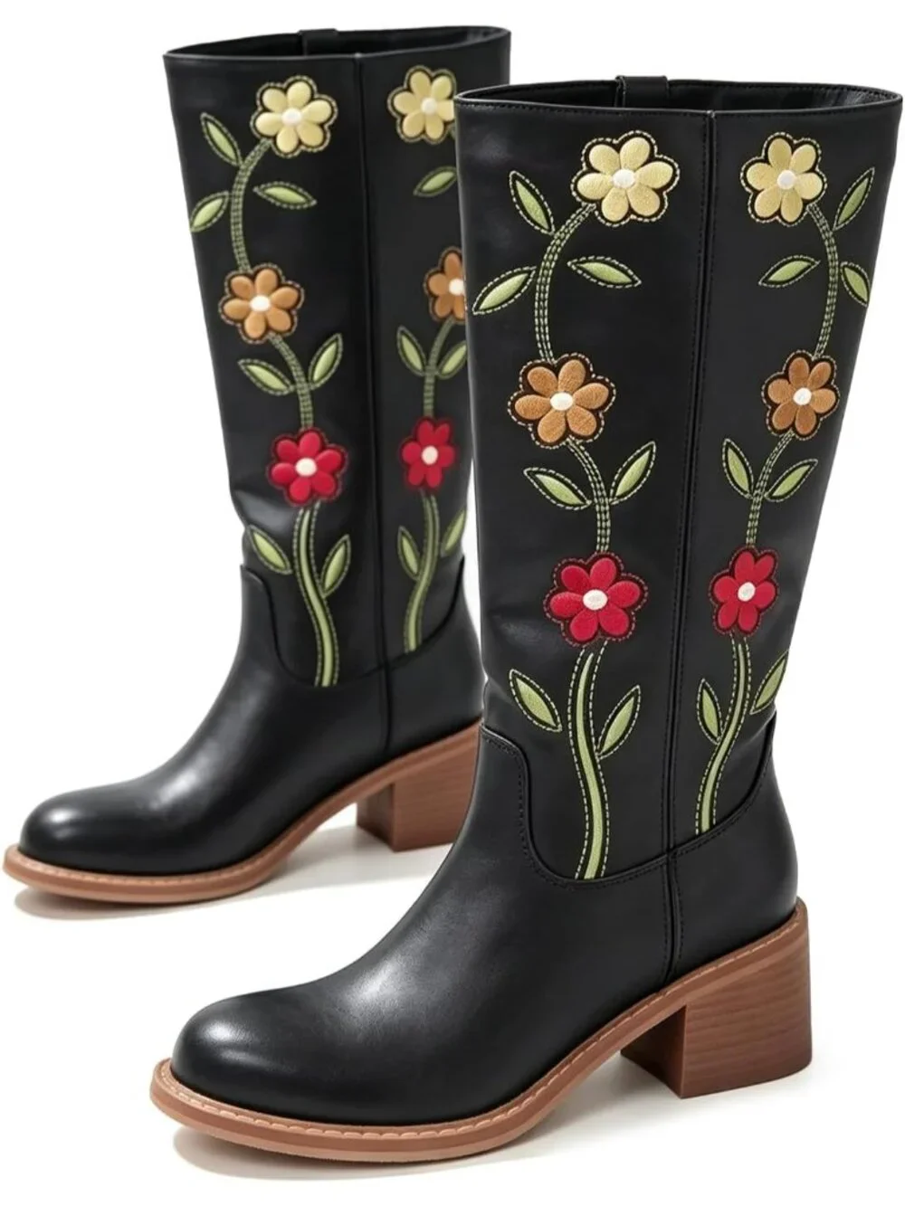 🆕Women's Black Floral Embroidered Western Cowboy Boots Mid Calf Square Heel